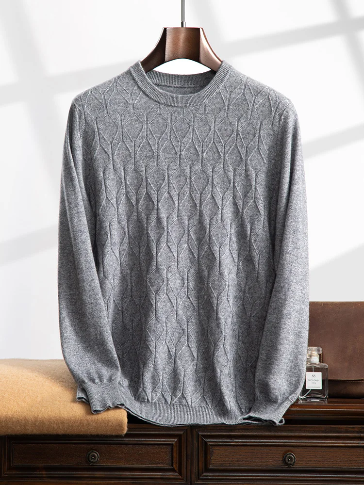 100% Pure Cashmere Sweater Men's O-Neck Jacquard Knit Pullover Business Casual High-End Large-Size Sweater Autumn Clothing Thick