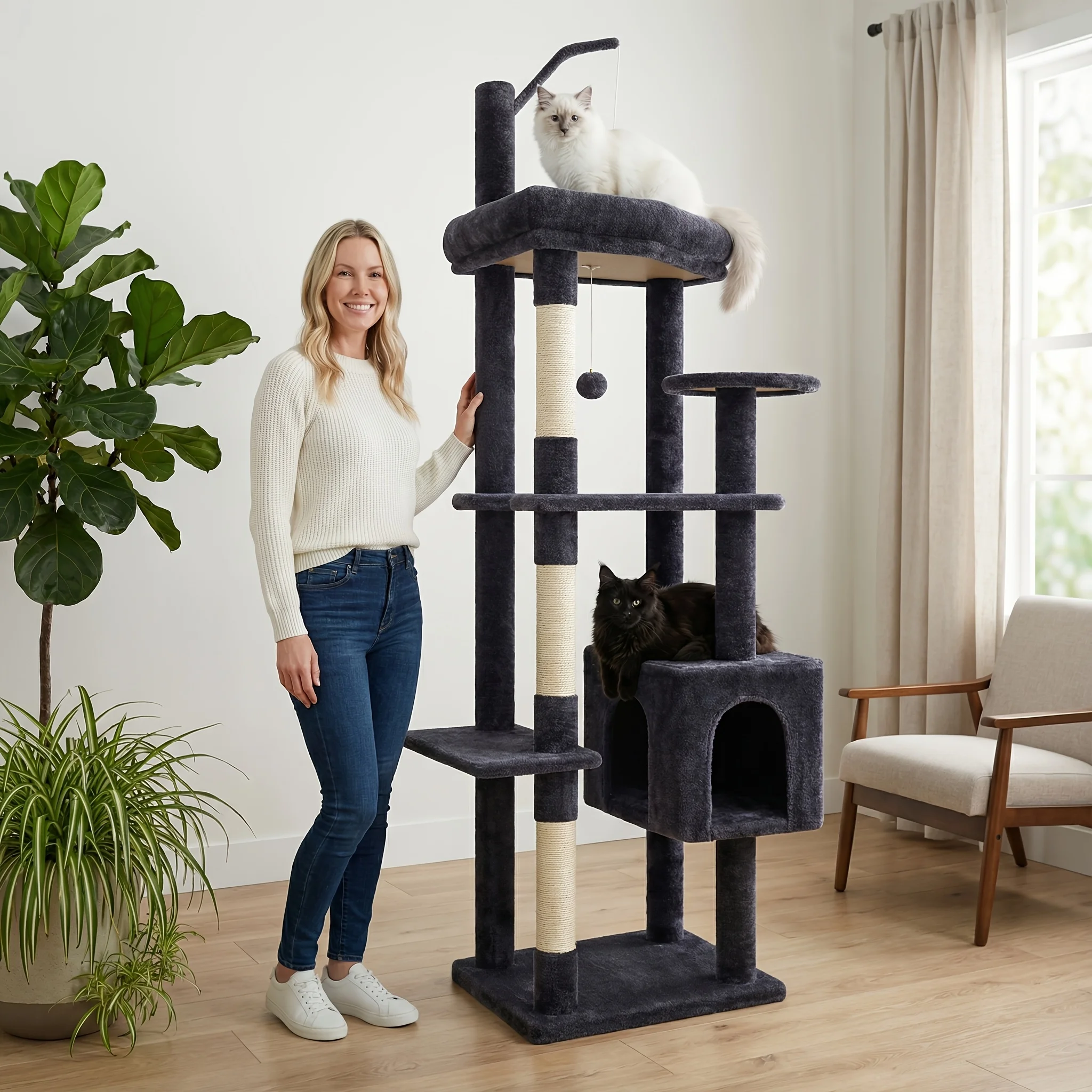 

64in Adult Cat Tree Tower | 64" Tall Corner Cat Tower for Indoor Cats | Scratching Post for Large Cats, Extra-Large Top Perch, Spacious Condo, Detachable Cat Toy Teaser Mouse | Ideal for Climbing, Scratching, And Play