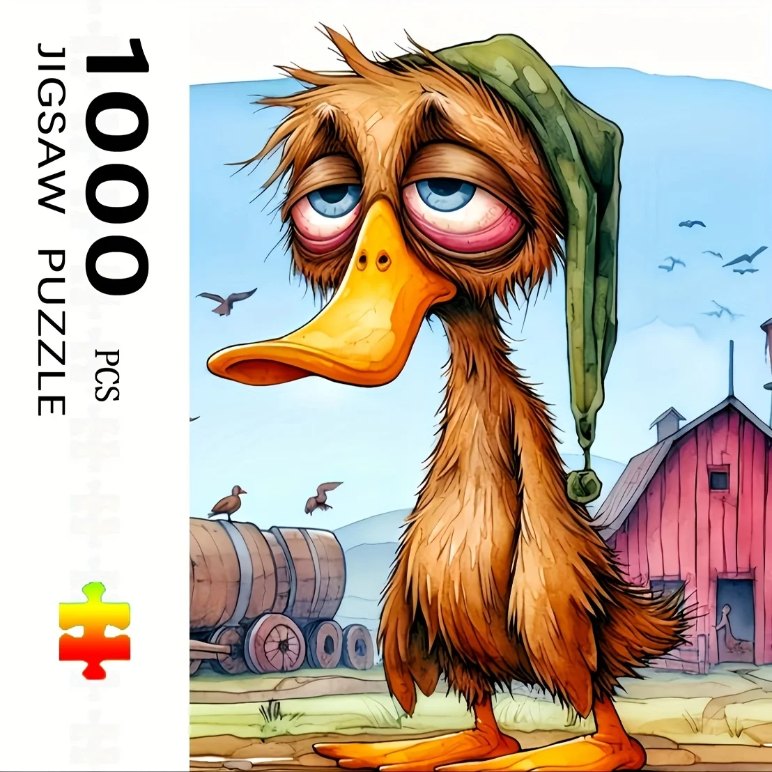 1000 stuks Sad Duck puzzel voor volwassenen - grote uitdagende puzzel met grillige cartoonkunst, boerderijscène en levendige kleuren -