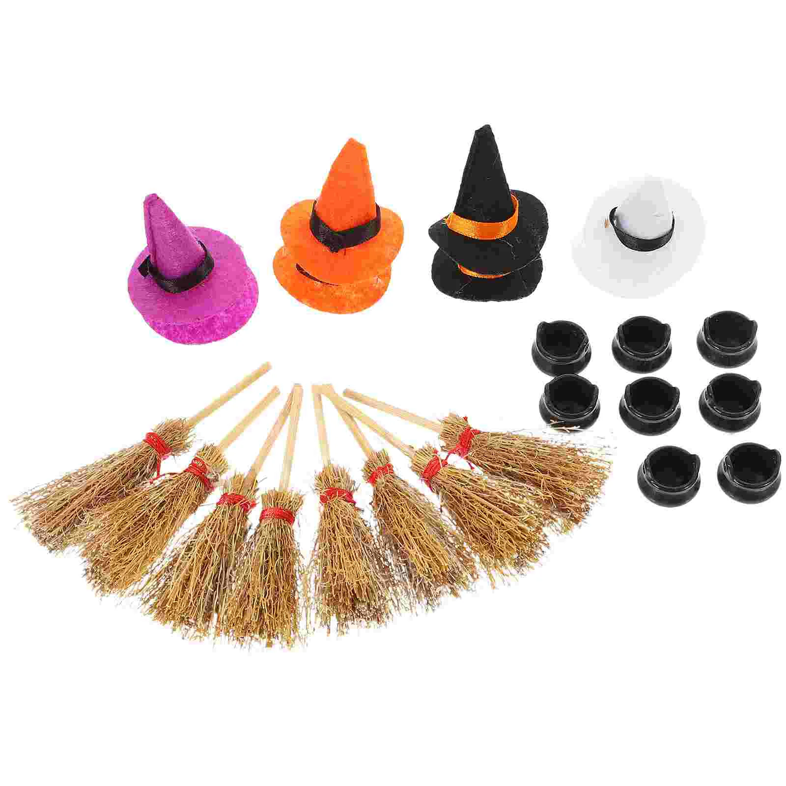 Halloween Gnome Hat Witch Bucket Set Mini Dolls Hats for Crafts Dollhouse and Broom Decor Plastic Tiny Decors Witches