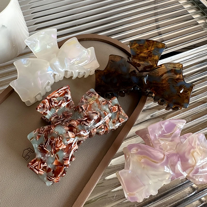 

9cm Medium Pink Hair Crabs for Girls and Women Acetate Hair Claws Withe Bowknot Elegant TIe up Hair Accessories