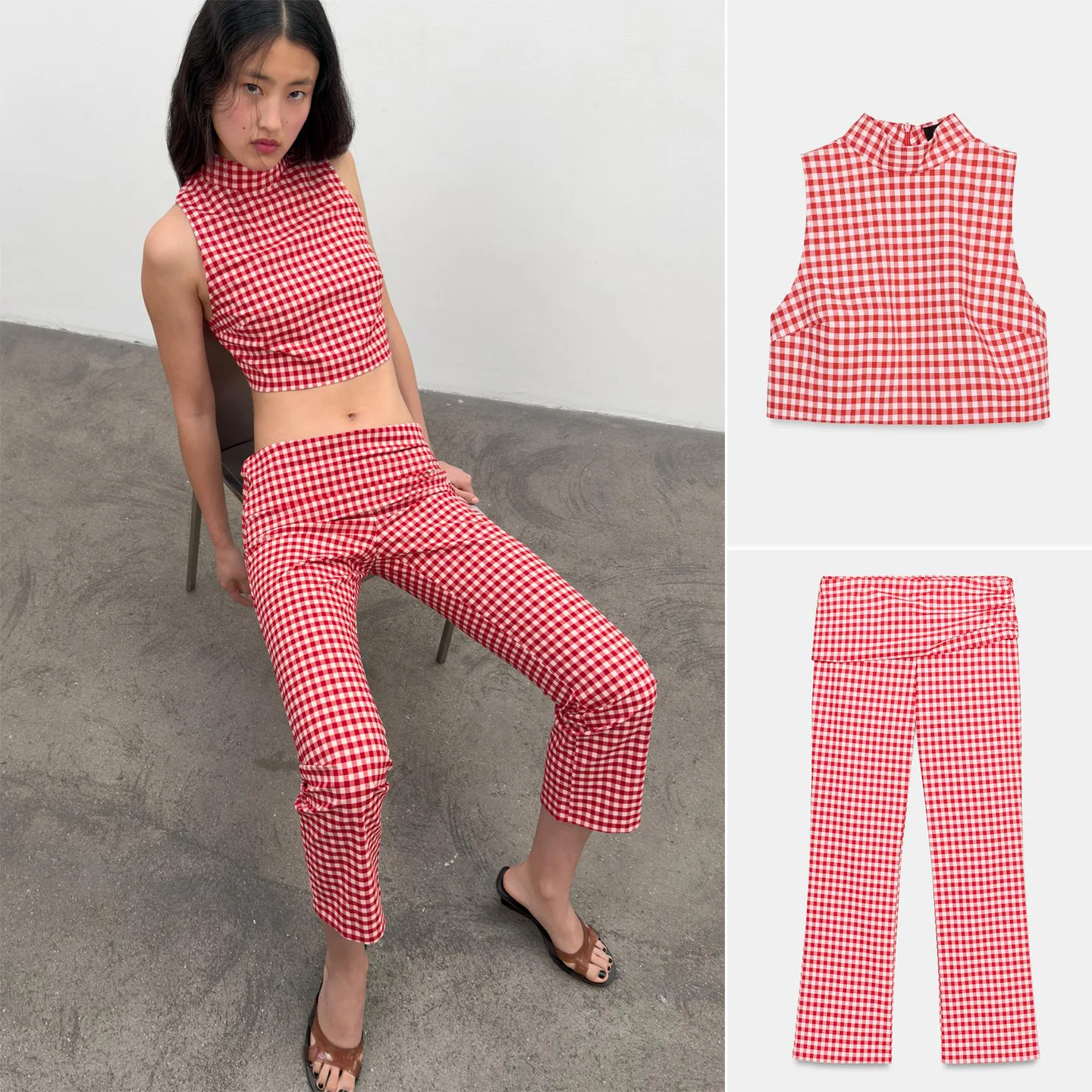 

High Collar Sleeveless Plaid Short Top And Zipper Style Small Grid Casual Pants Women's Fashion Set Spring Season