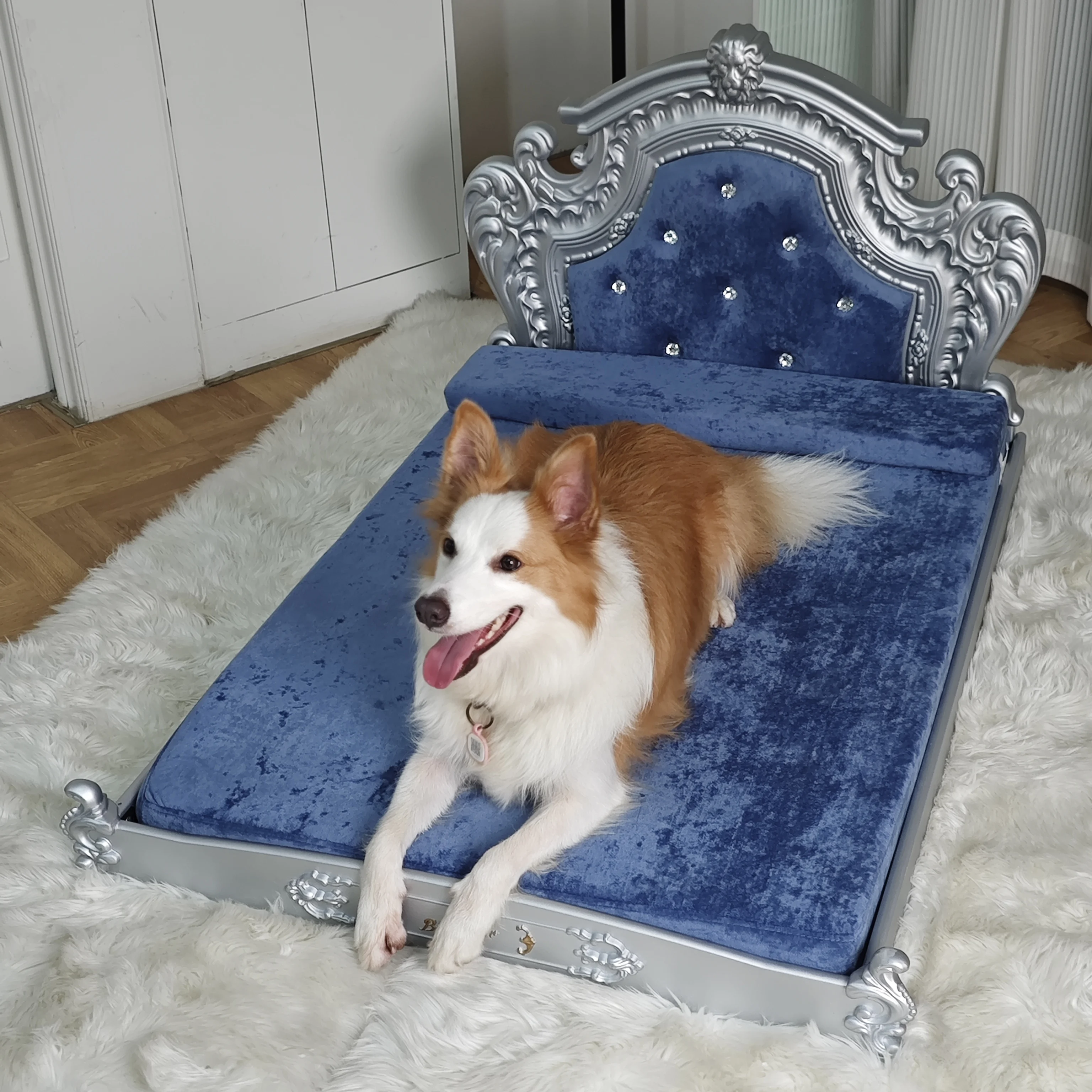 XXLarge Luxury Pet Bed with Headboard and Washable Dutch Velvet Cover Dog Cat Bed High Elastic Sponge