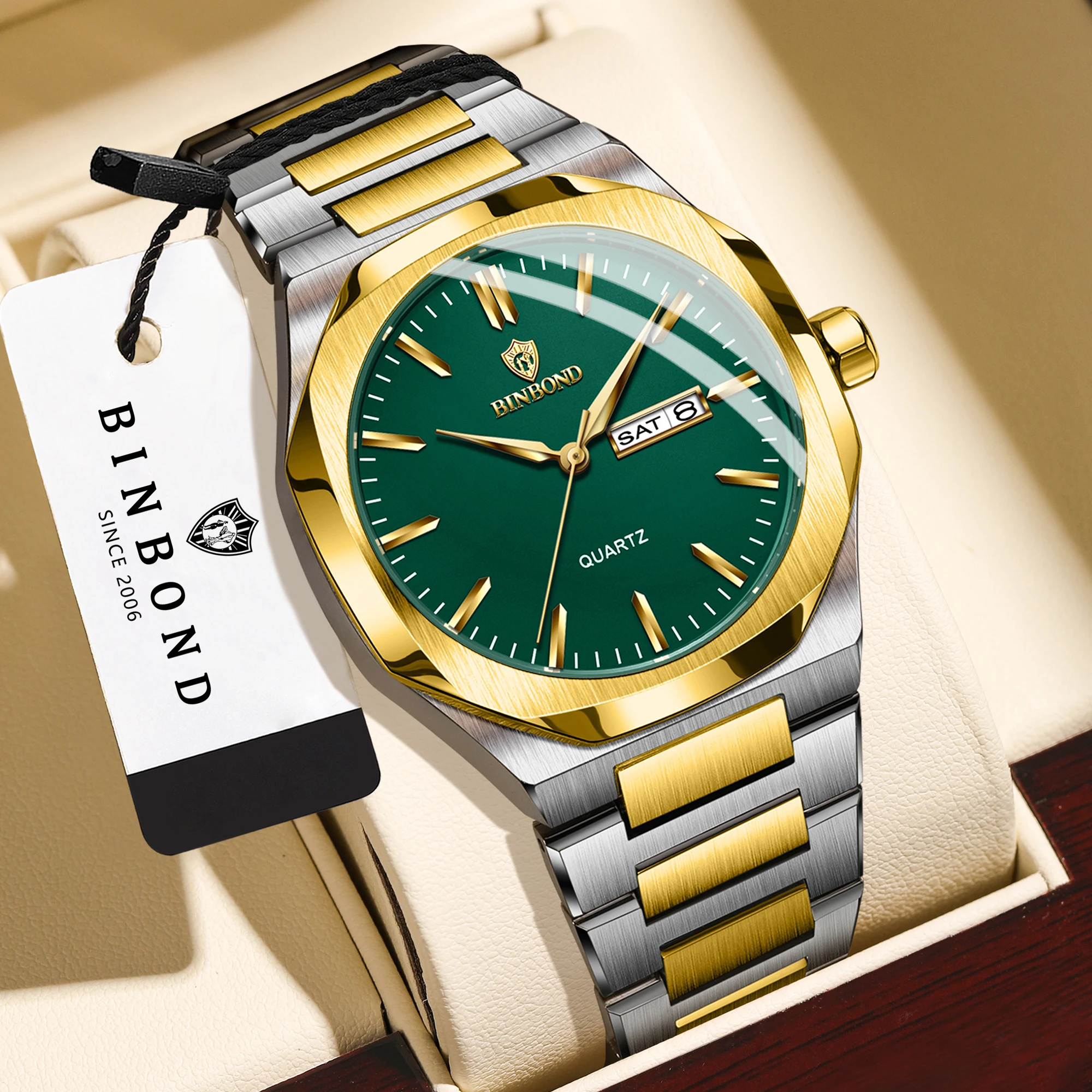 BINBOND New Arrival Luxury Trendy Men Quartz Watch Luminous Hands 3ATM Waterproof Sport Casual Fashion Wristwatch Reloj Hombre