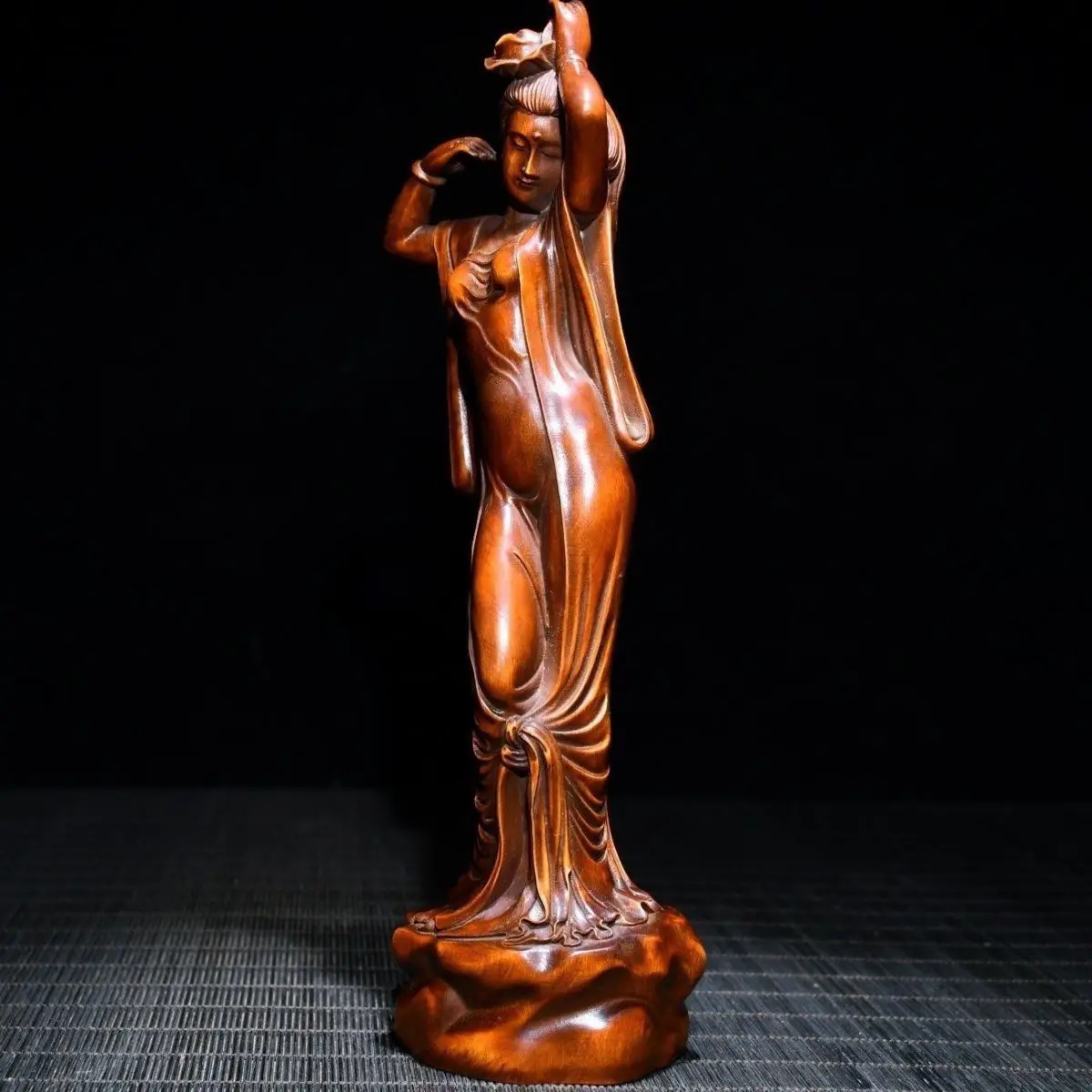 

21 CM Tall Beautiful Girl Figure Boxwood Figurine Carving Pretty Lady Feng Shui Sculpture Live Room Decor