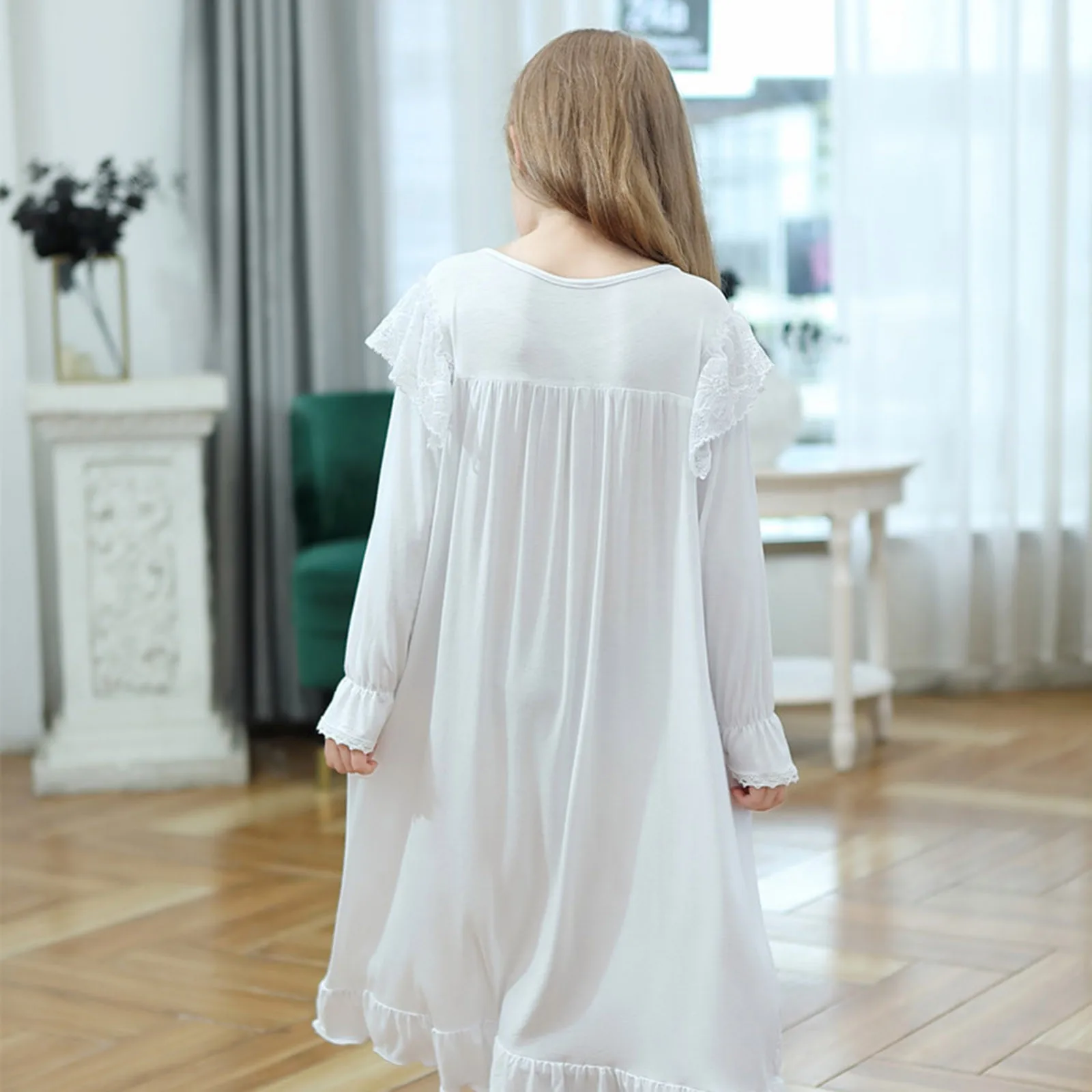 Kids Girls Lace Dress Children Nightdress Solid Color Ruffle Autumn Long Sleeve White Princess Dress Home Robe Sleepwear Vestido