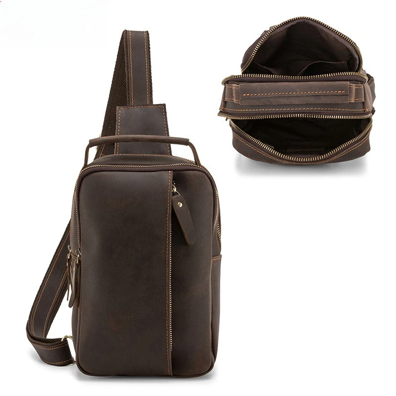 Men's cross body chest bag crazy horse leather retro real leather square large capacity portable backpack