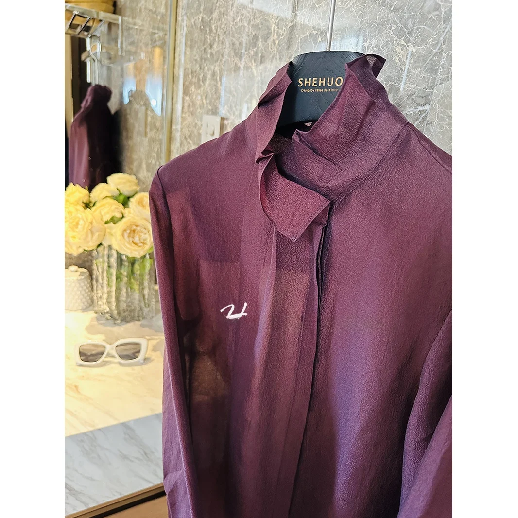 

Французский Sle Long Sve irt Iris Purple Flower Bud Collar Ele Aosphere op Украшение Красивая одежда Женская irt