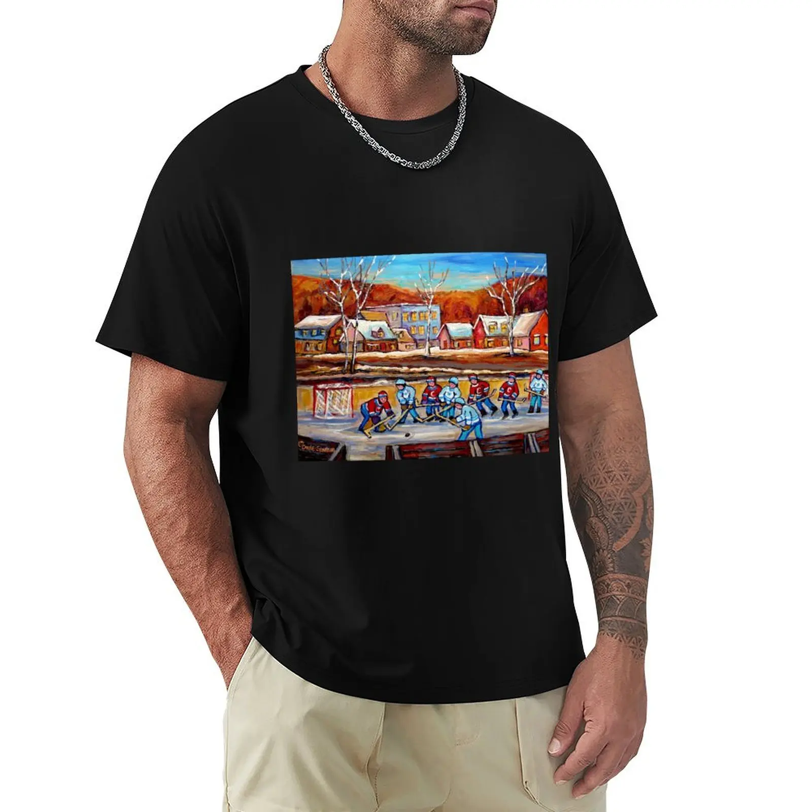 CANADIAN SCENERY POND HOCKEY ART PAINTINGS OF CANADA CAROLE SPANDAU T-Shirt Breathable Sportswear T-Shirt for Men