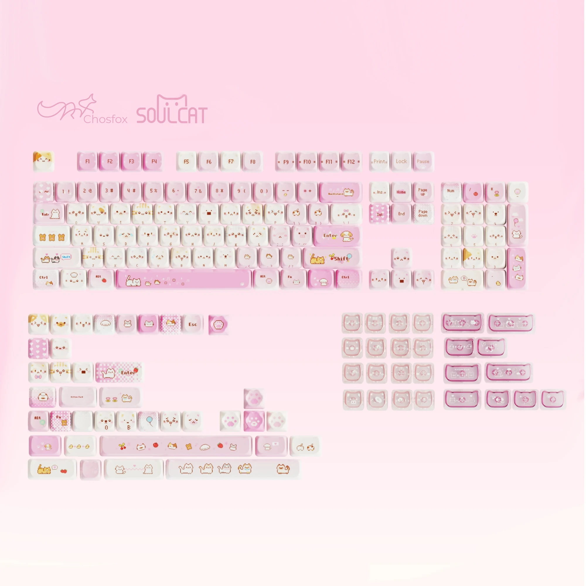Chosfox & Soulcat 141 + 26 teclas Pixel Meow Keycaps PBT + PC transparente Keycap Cherry altura Customiz Teclado mecánico Keycaps