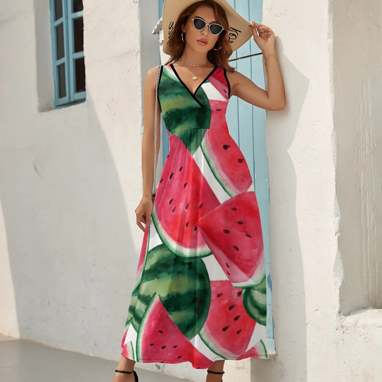 Juicy watermelon. Watercolor Tropical Fruit Sleeveless Dress party dresses woman Female clothing
