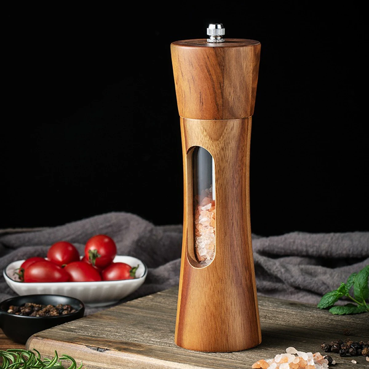 Molinillo de pimienta de palisandro, cocina, botella de especias transparente acrílica, sal marina, molinillo de pimienta negra, núcleo de cerámica