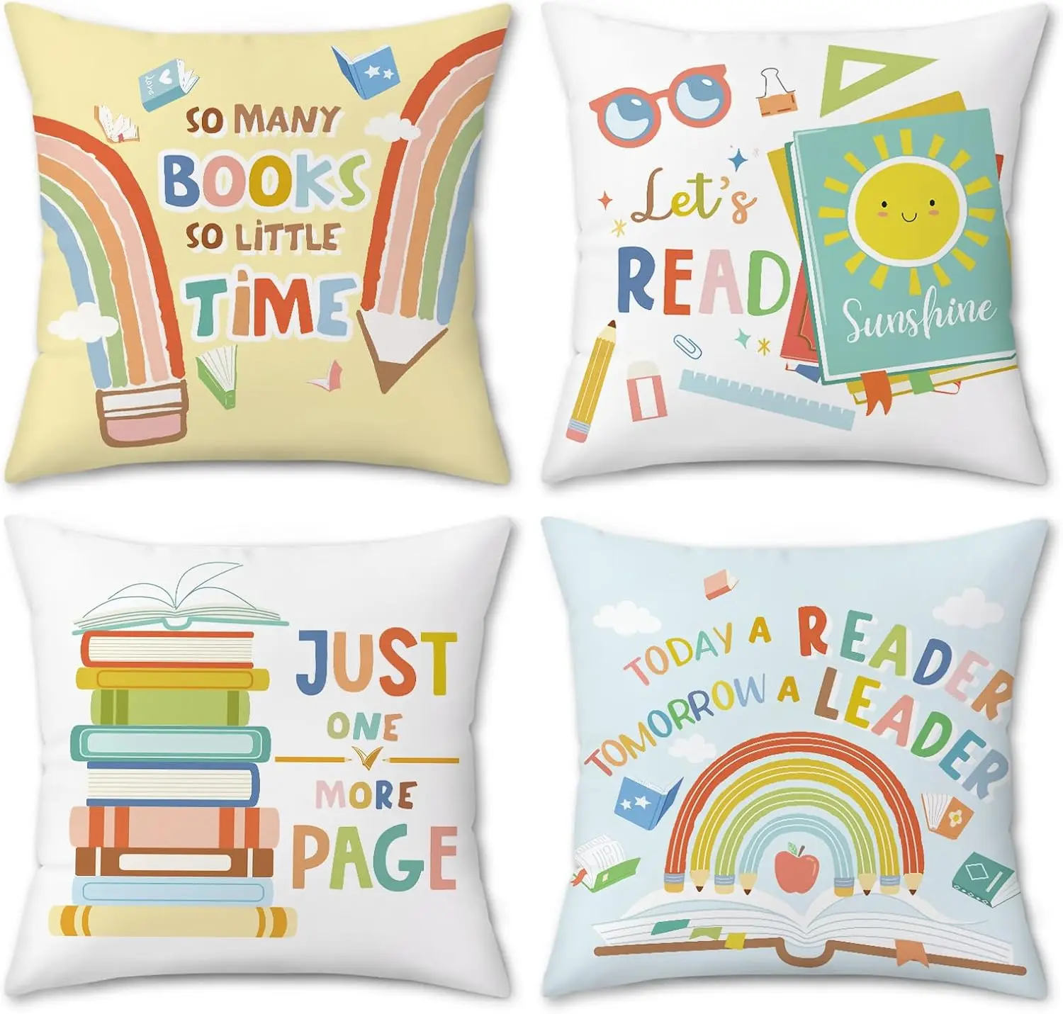4Pcs Reading Quote Throw Pillow Covers, Colorful Book and Rainbow Cushion Cases for Kids Room Classroom Library Decor