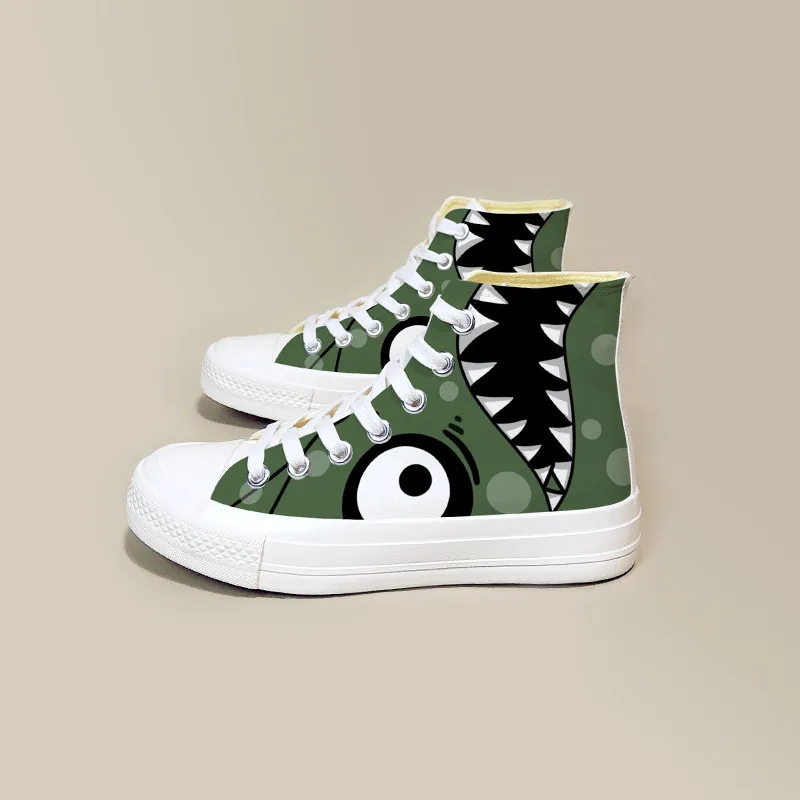 Dinosaur Printed High Top Canvas Shoes Women Versatile Trendy Board Shoes Green Lace Up Cloth Shoes Autumn Winter With Velvet