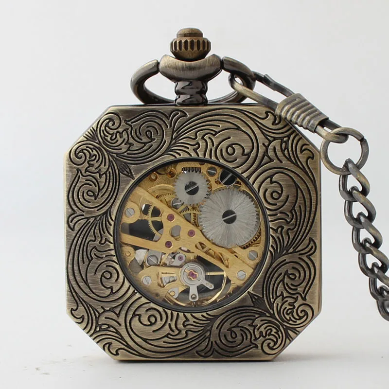 Reloj de bolsillo mecánico para hombre, cronógrafo de lujo con diseño cuadrado de Fénix, Kirin, dragón, cadena de Orologio antiguo, números romanos,