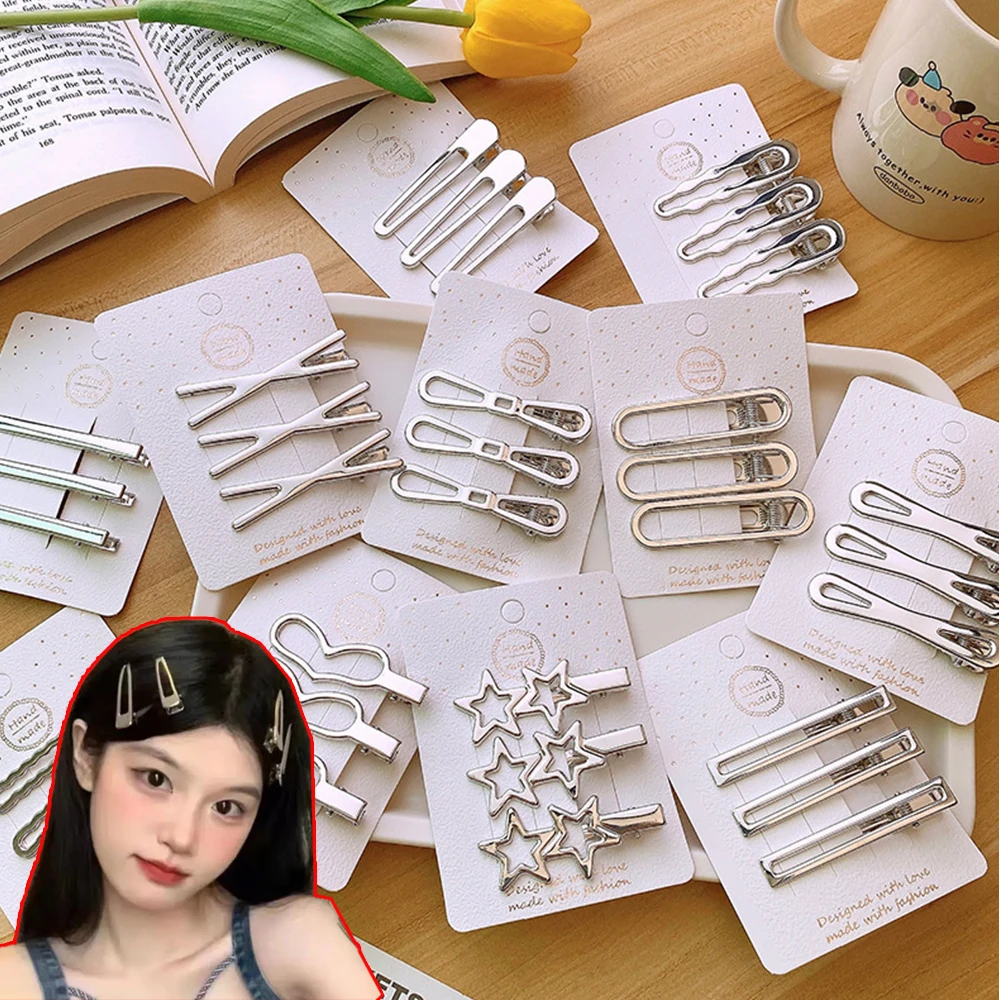 3PC Set Silver Metal Star Heart Bow Hollow Out Hair Clips Geometric Barrettes Girls Alloy Hairpins Styling Tool Hair Accessories