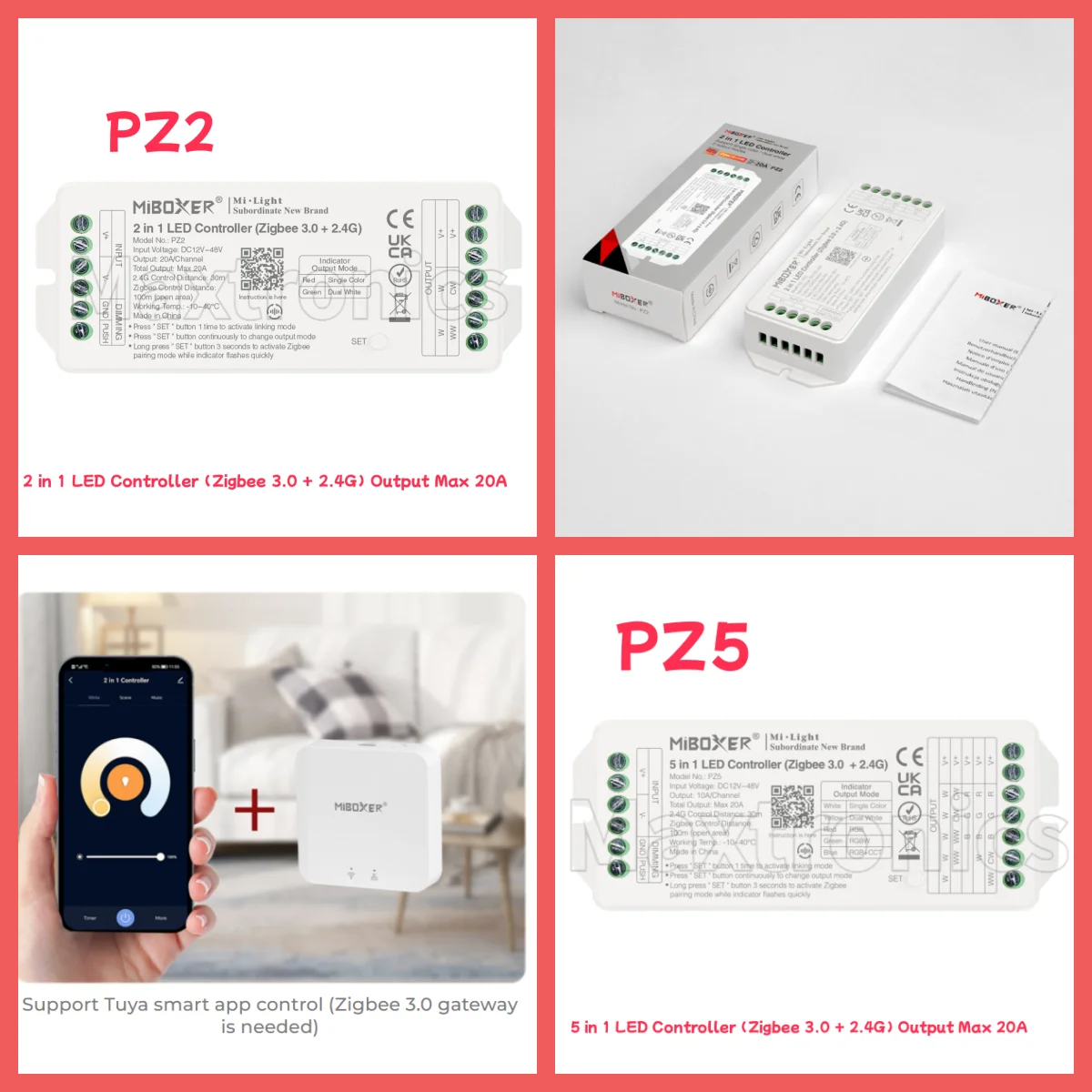 

Miboxer Zigbee3.0 + 2,4G RF светодиодный контроллер 2IN1-PZ2/ 5IN1-PZ5 Max 20A для одноцветных/двухцветных/RGB/RGBW/RGB+CCT светодиодных лент DC12~48V