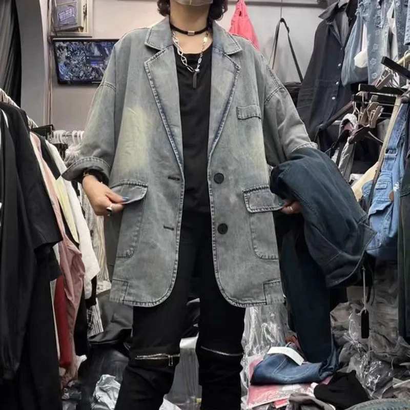 Korean Version Suit Coat Autumn New Women Vintage Trend Outerwear Single Breasted Long Sleeve Loose Casual Denim Jacket