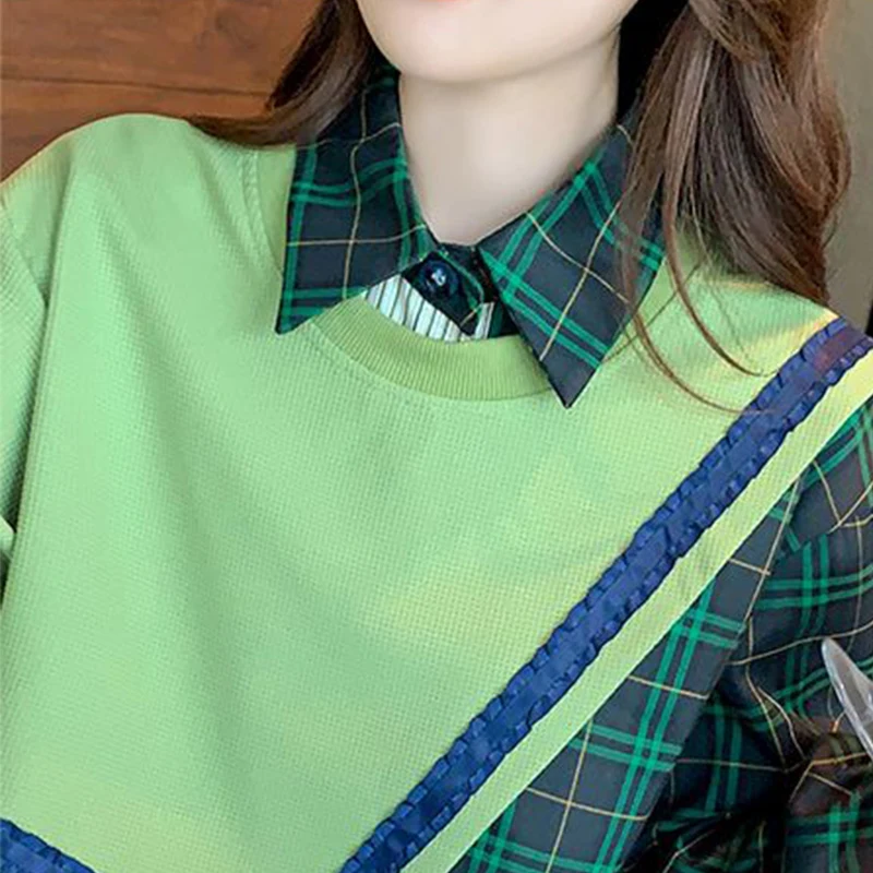 Spring Autumn Streetwear Patchwork Trend Fashion Shirt Female Long Sleeve Loose Casual Blouse Women\'s Polo-neck Pullover Tops