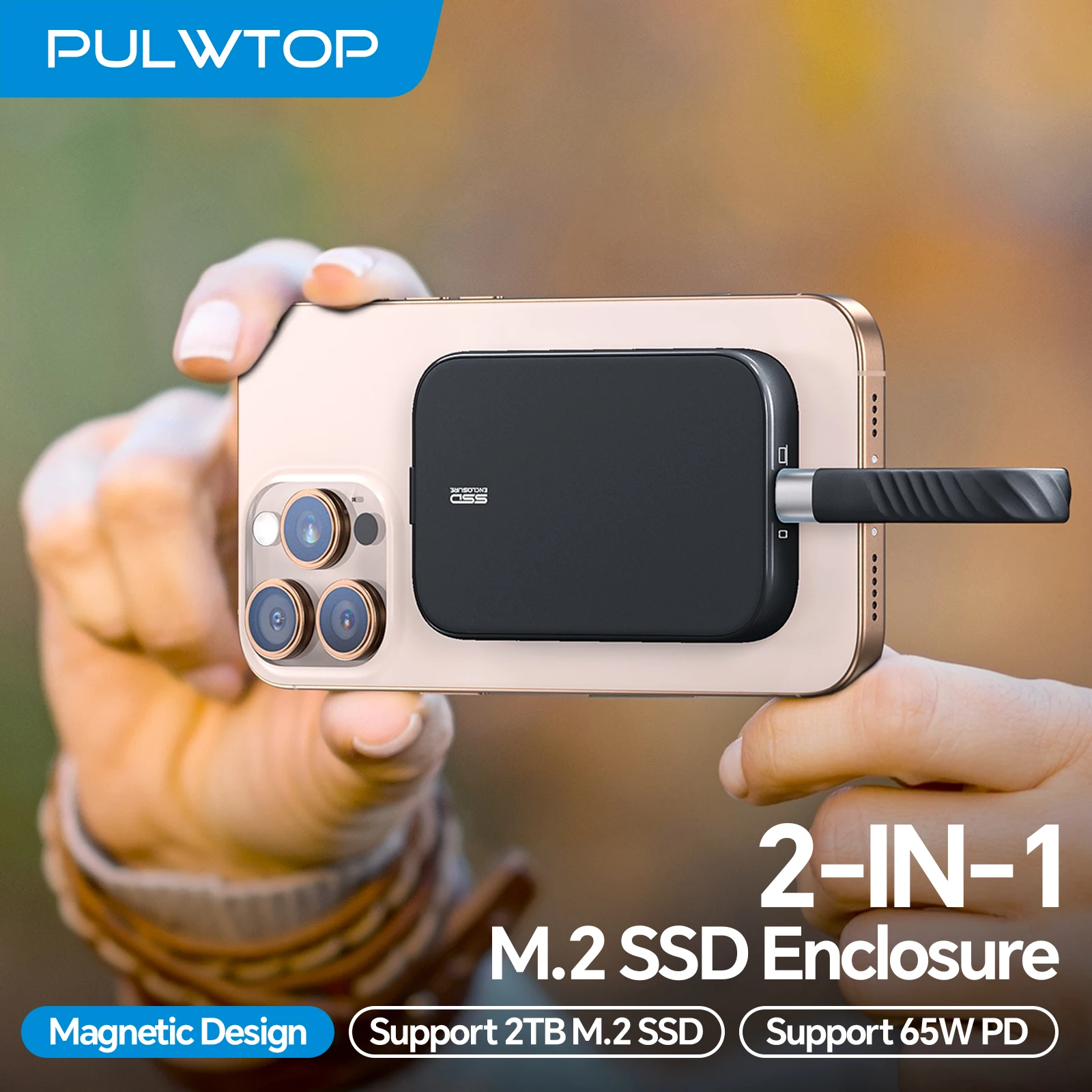 

PULWTOP Magnetic M.2 2230 SSD Enclosure for iPhone 15 16 Pro/Max ProRes, USB C Enclosure 10Gbps, 60W PD, USB-C/ 3.5mm Audio