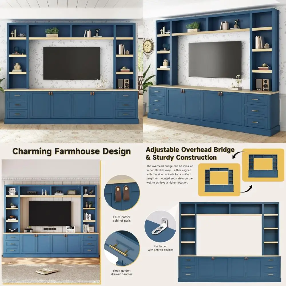 

4-Piece Entertainment Center Wall Unit with Adjustable Shel, armhouse Large TV Stand with Bookcase or TVs Up to 75”, Rustic Medi