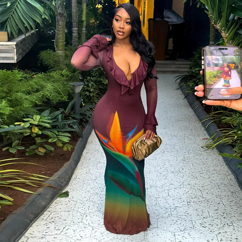 

STYLISH LADY Elegant Gradient Print Maxi Dress 2026 Deep V Neck Ruffle Long Sleeve Bodycon Formal Gown Wedding Guest Party Dress
