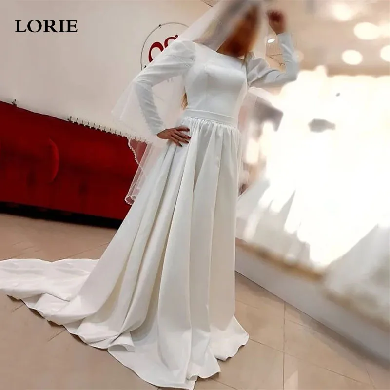 

LORIE Ivory Satin Wedding Dresses A Line Long Sleeve Square Neck Bride Dress Elegant Classic Modest Bride Wedding Gowns