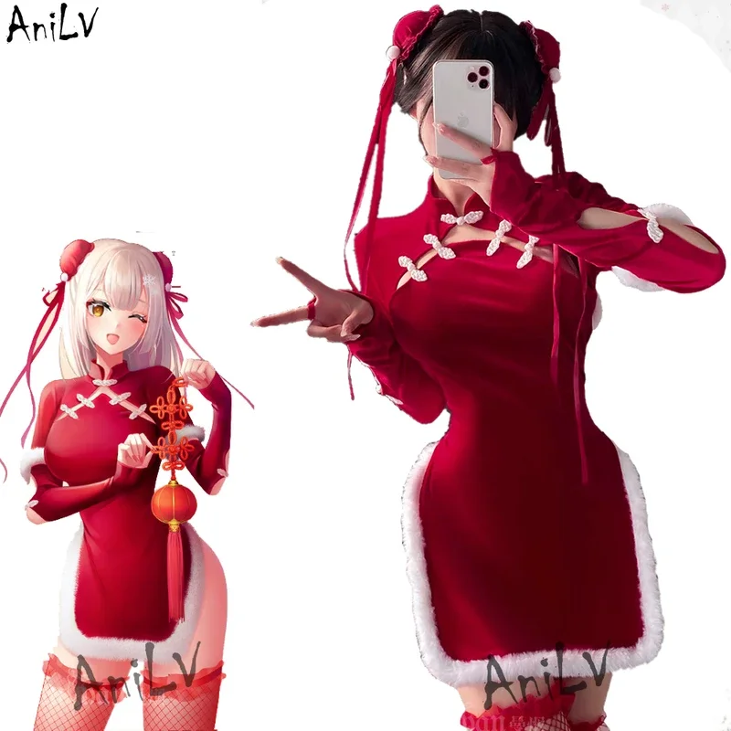 AniLV 2024 New Year Women Red Chinese Cheongsam Anime Girl Poinsettia Backless Dress Uniform Outfits Cosplay Costumes