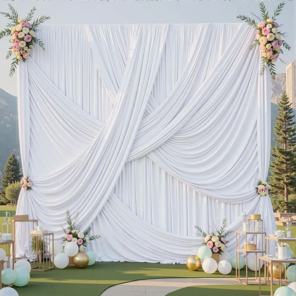 

50t×12t White Backdrop Curtain or Wedding Parties, 10 Panels Wrinkle ree Polyester Photo Backdrop Drapes Back Drop Cloth or Birt
