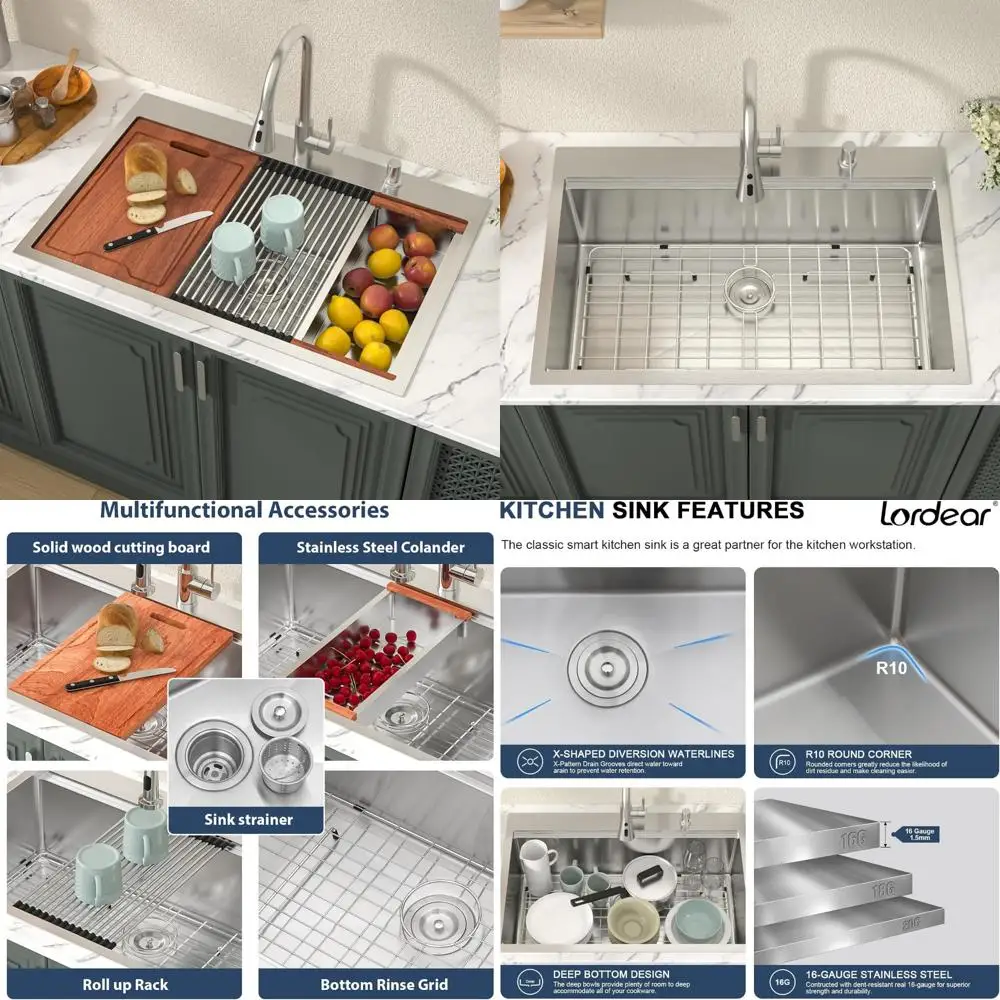 

33 Inch All-In-One Stainless Steel Kitchen Sink Workstation, Single Bowl, 16 Gauge SUS304