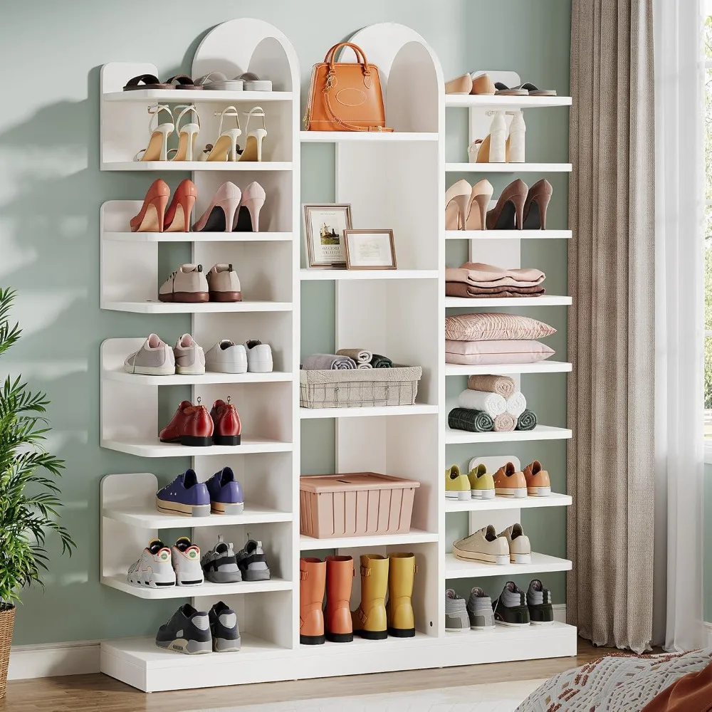

13-Tier White Shoe Rack, Freestanding Tall Entryway Shoe Organizer with Open Shelves, 40 Pairs Wide Wooden Shoe Shelf