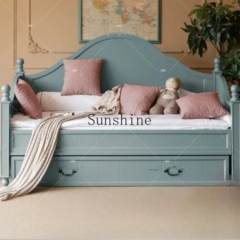 

American country solid wood boys and girls single bed multi-functional household stretch storage furniture