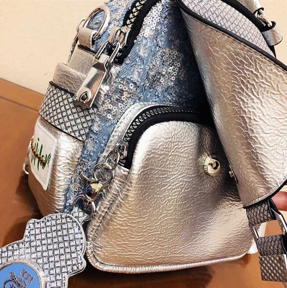 Female Small Distressed Denim Checker Convertible Handbag Backpack Women Travel Multi Pockets Shiny Paillette Silver Bagpack