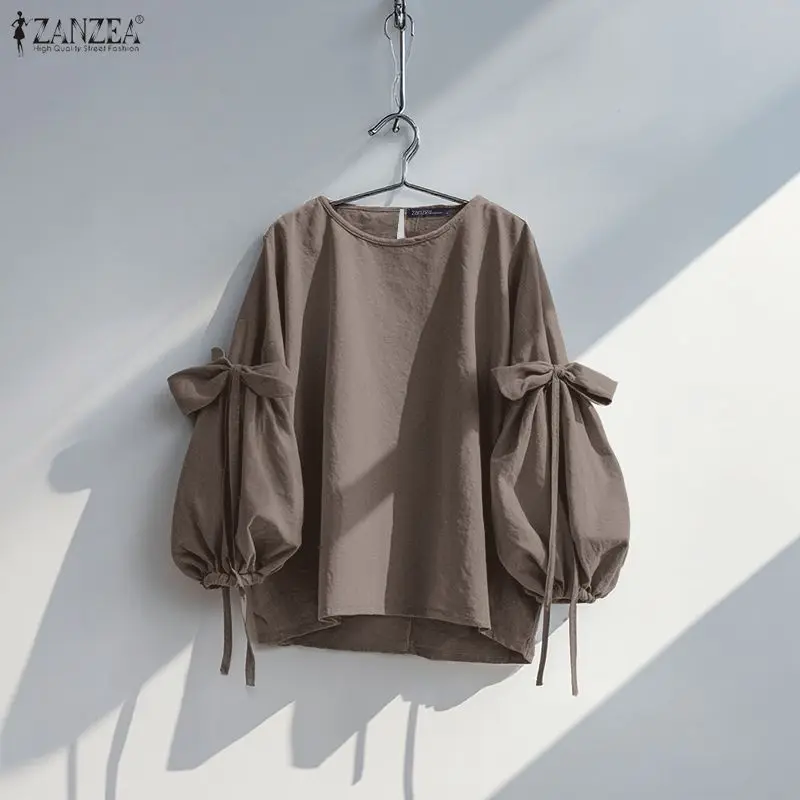 ZANZEA Women Long Sleeve Blouse Autumn Spring Bow Shirts Fashion Casual Solid Loose Tunic Tops Streetwear Blusas Femininas