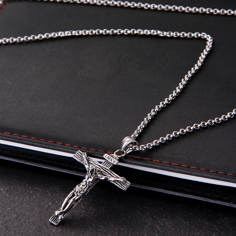 Vintage Christian Amulet Religious Jesus Cross Necklace Crucifix Pendant Handsome Men Stainless Steel Chain Necklace Jewelry