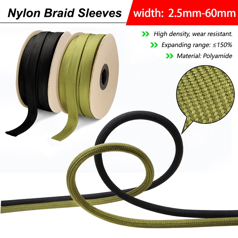 

1M-20M Nylon Braided Cable Sleeve 2.5mm-60mm Polyamide Tight High Density Wear Resistant Gland Protection Expandable Wire Sheath