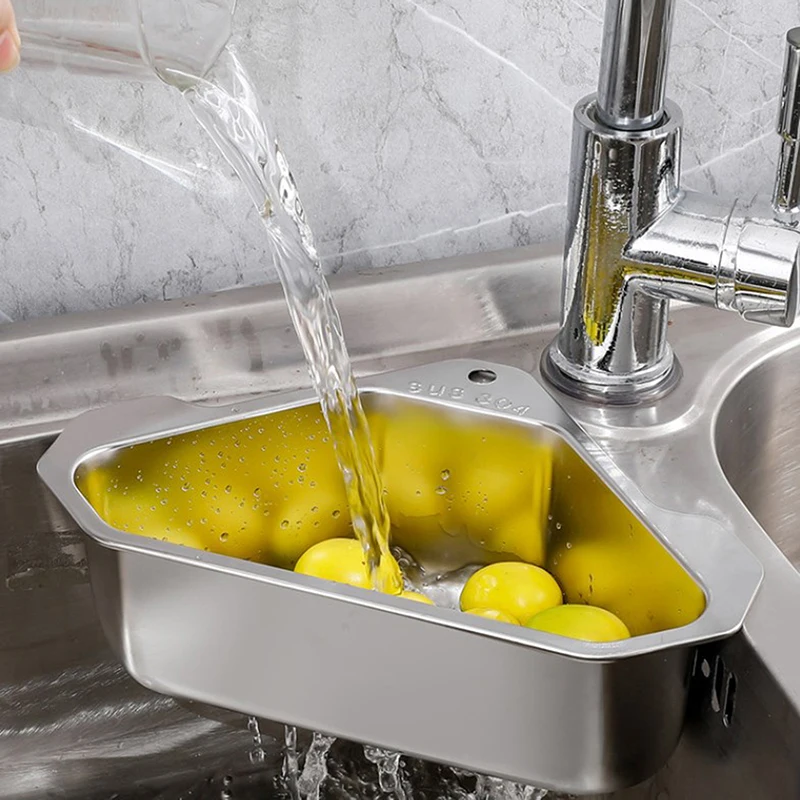 Stainless Steel Triangle Drain Basket Kitchen Sink Filter Shelf Fruit Vegetable Drainer Storage Rack Basket Bar With Suction Cup