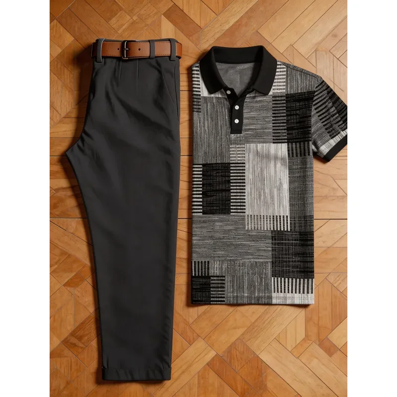1 top (without pants) 2026 New Men's Casual Short-Sleeved Shirt Featuring 3D Printed Geometric Texture in Gray and Black