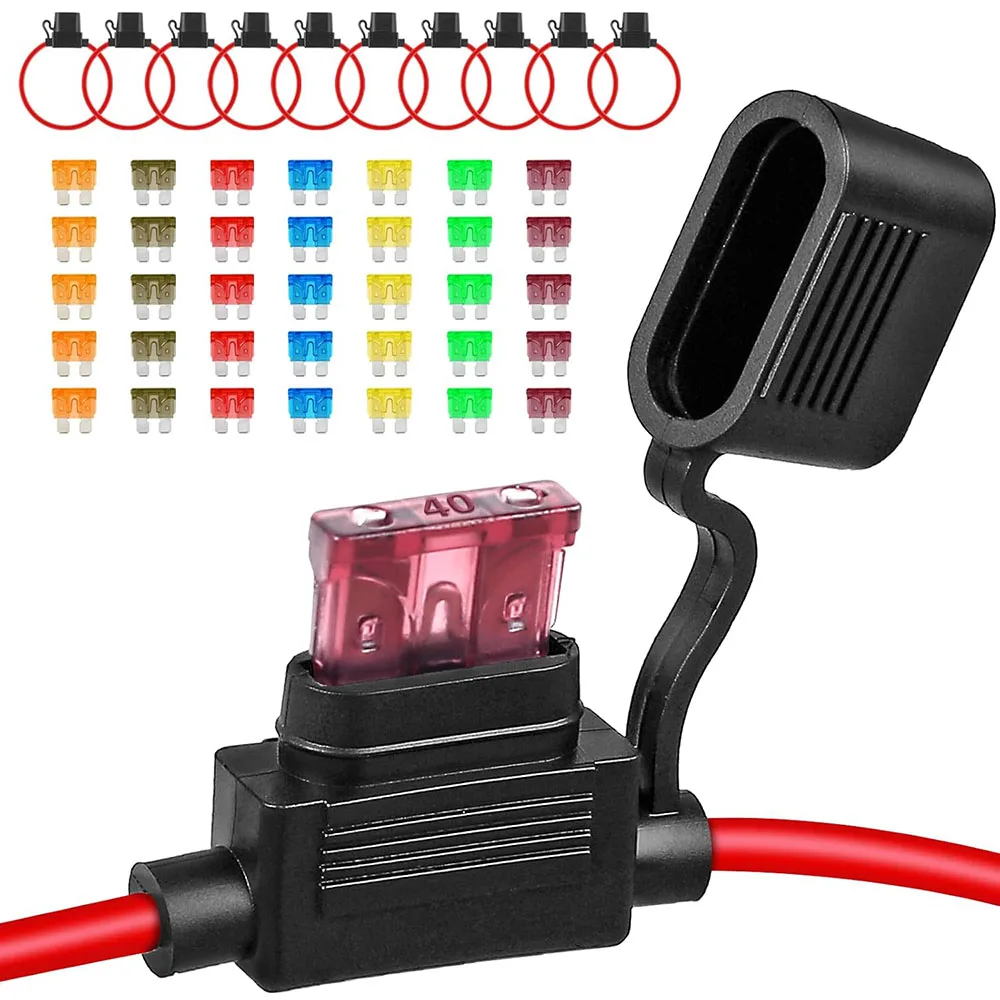 10 Sets of 12V Direct Insertion Fuse Holders 12 AWG Waterproof Fuse Holders with 35 5A/7.5A/10A/15A/20A/30A/40A Standard Car Fus