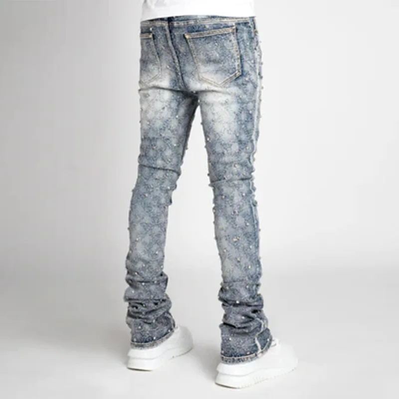 جينز ضيق لؤلؤي قابل للتمدد للرجال 2024 موضة جديدة موضة حجر الراين شخصية الشارع الأوروبي مكدسة الدينيم السراويل #4