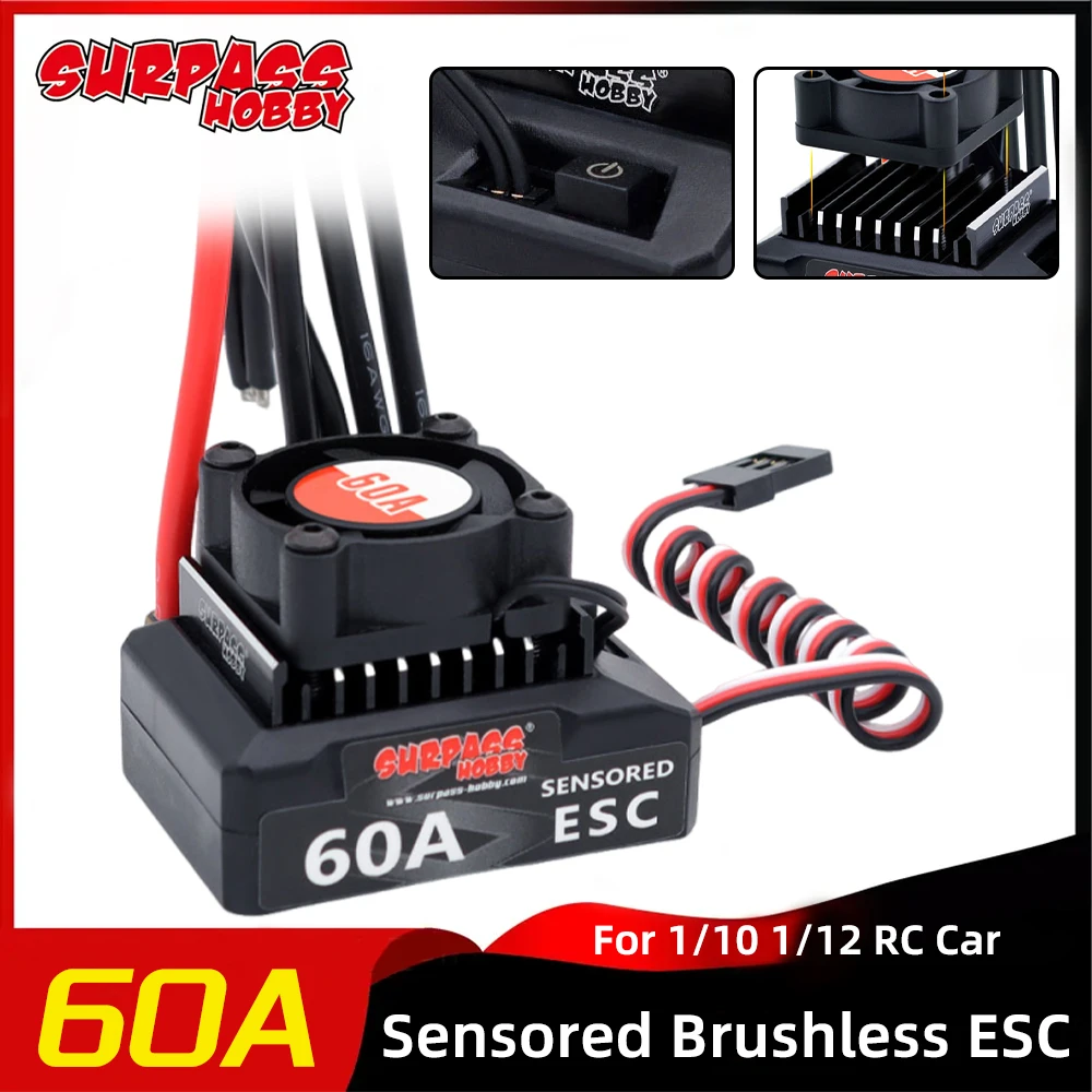 SURPASSHOBBY Brushless ESC 60A Sensored Electronic Speed Controller 6V/3A BEC For 1/10 1/12 RC Car For 380 390 540 Motors