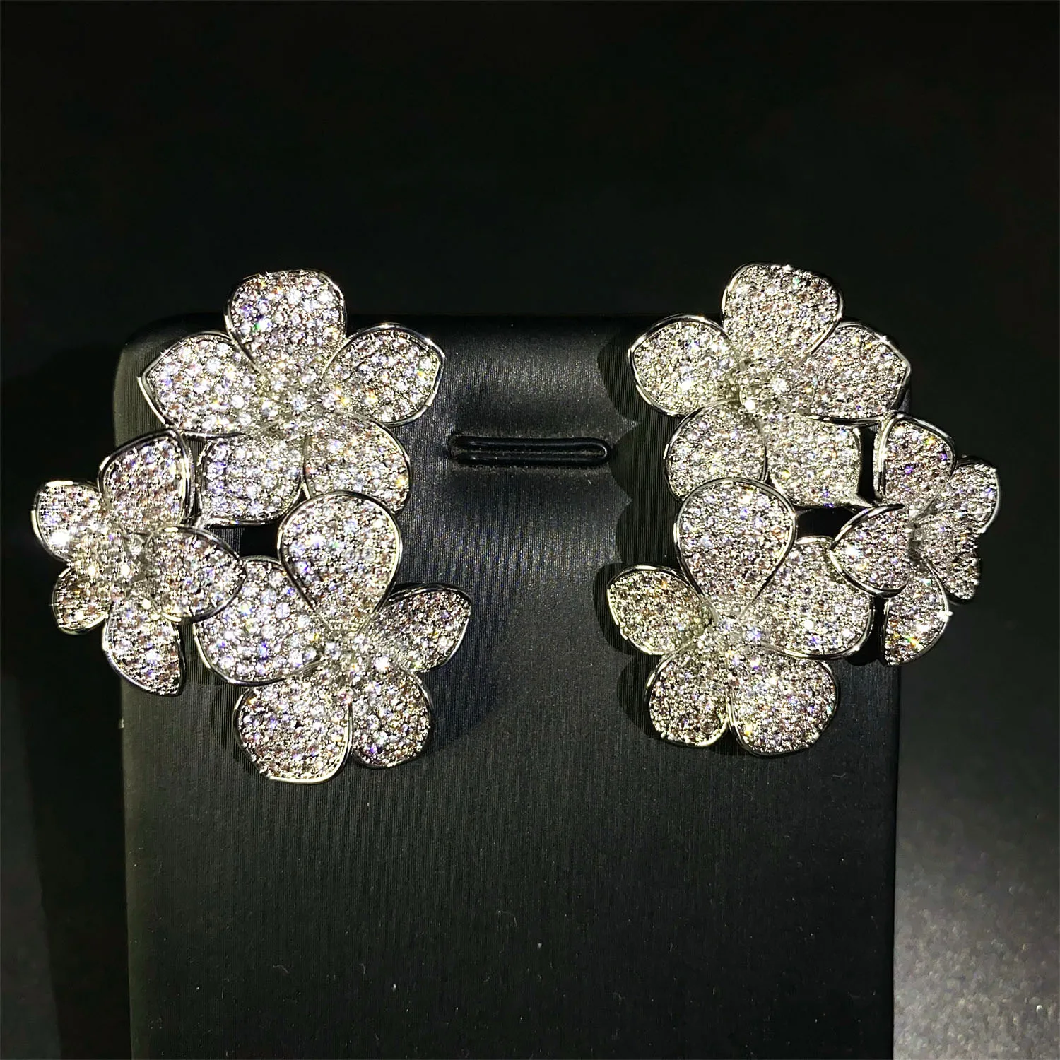 

flower stud earrings zircon shiny silver color wedding bride jewelry dinner party women earrings