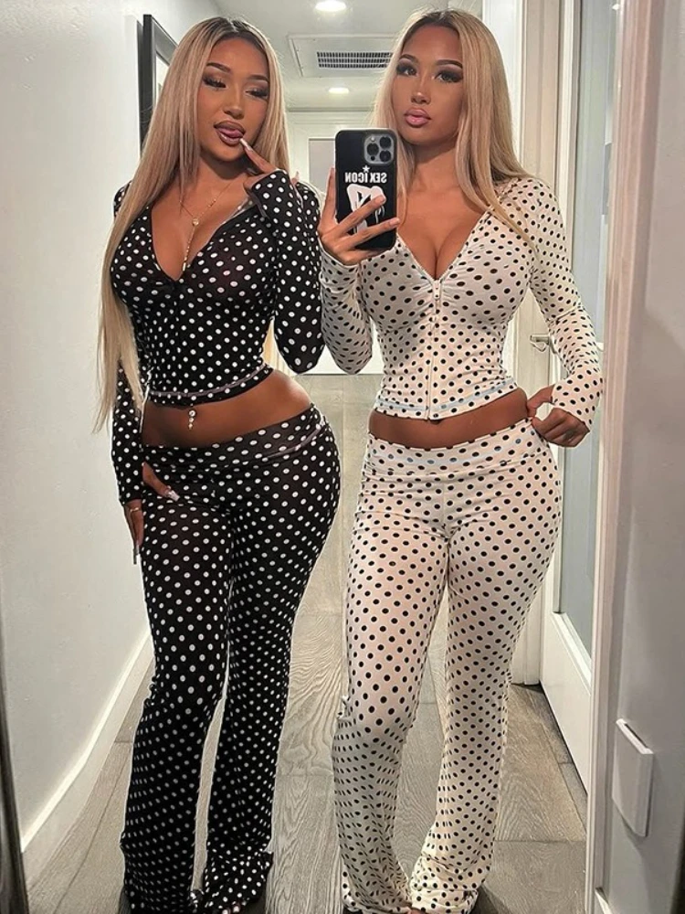 

FDYOUI женский кардиган на молнии с капюшоном, топы + брюки-клеш, одинаковые комплекты, осень-зима 2021, брюки в горошек, костюм из 2 предметов, уличная одежда