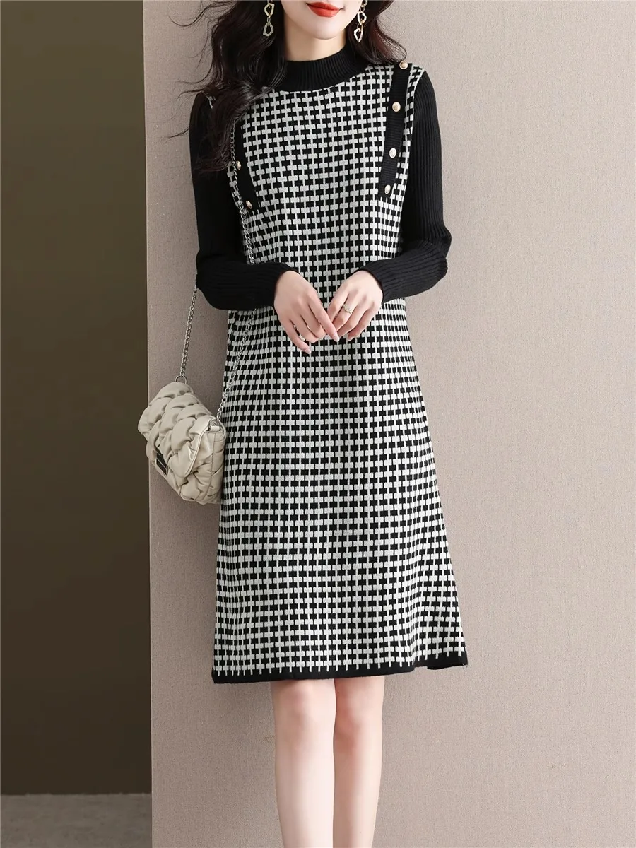 Camisola de malha feminina dr outono inverno novo sle xadrez midi dr camada base outerwear casaco saia combinando