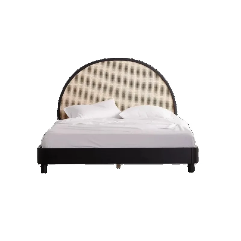 Solid wood bed retro rattan bed, household small double bed