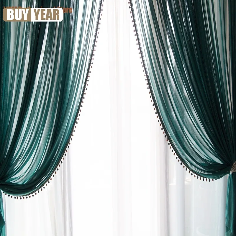 High-grade Curtains For Living Dining Room Bedroom Dark Green American Yarn Anti-hook Luster Anti-cat Claw Balcony Outdoor Tulle