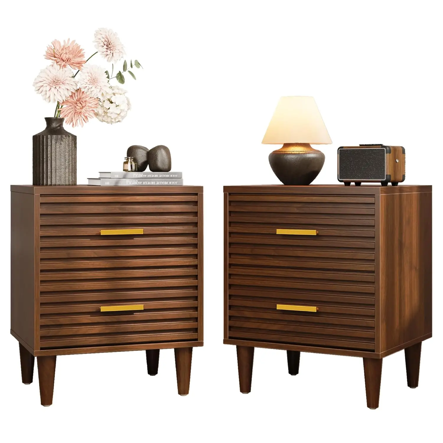 Nightstands Set Of 2, Mid Century Modern Night Stands, Fluted Bedside Table For Bedroom, Side End Table With, Customized