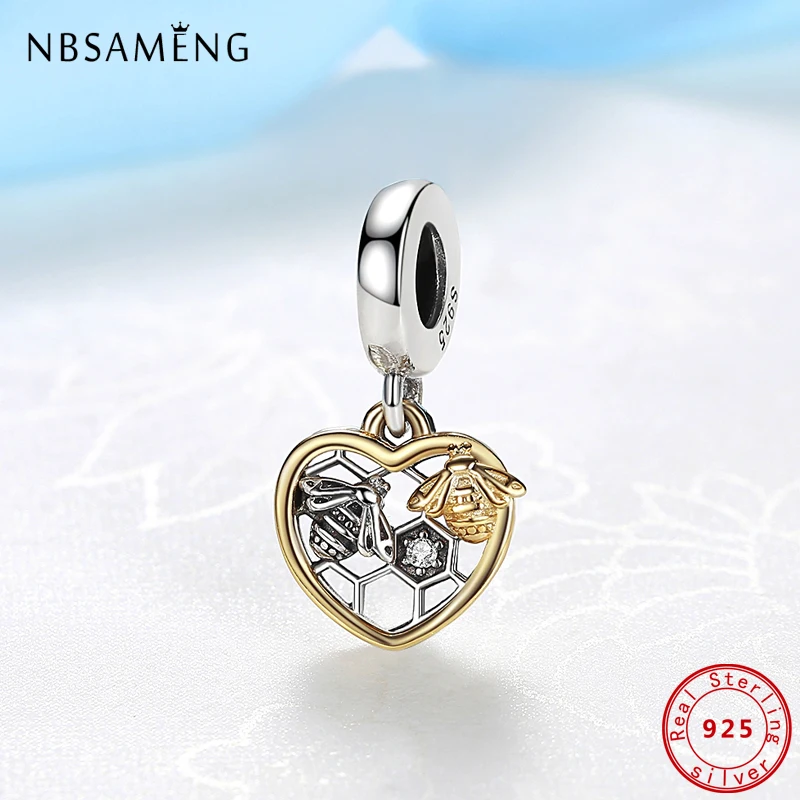 Original 100% 925 Sterling Silver Charm Heart Bee Gold Charms Beads Pendant Fit Pandora Bracelets Necklaces DIY Women Jewelry