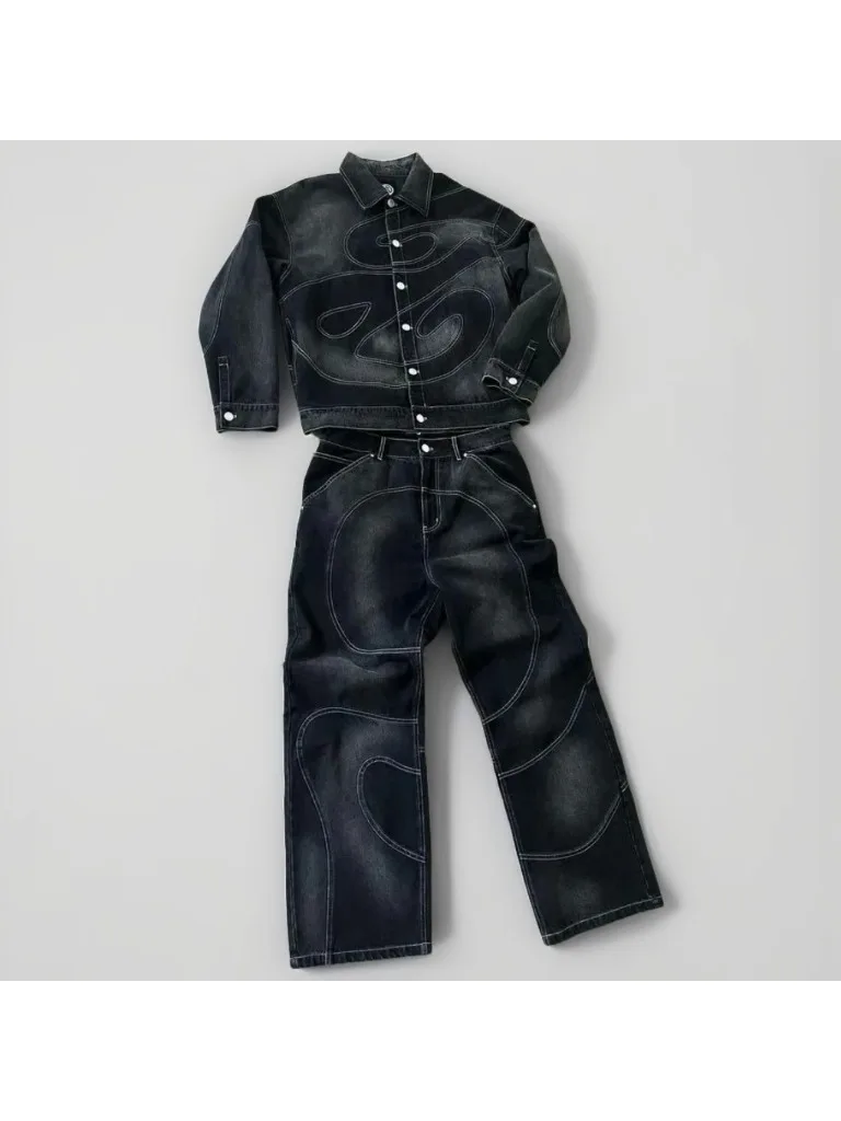 Vintage Gothic Trainingspak Mannen Y2k Jeans Oversized Gestreept Patroon Jas Mannen Kleding Joggingbroek Tweedelige Set Nieuwe Kleding voor Mannen - afbeelding 2