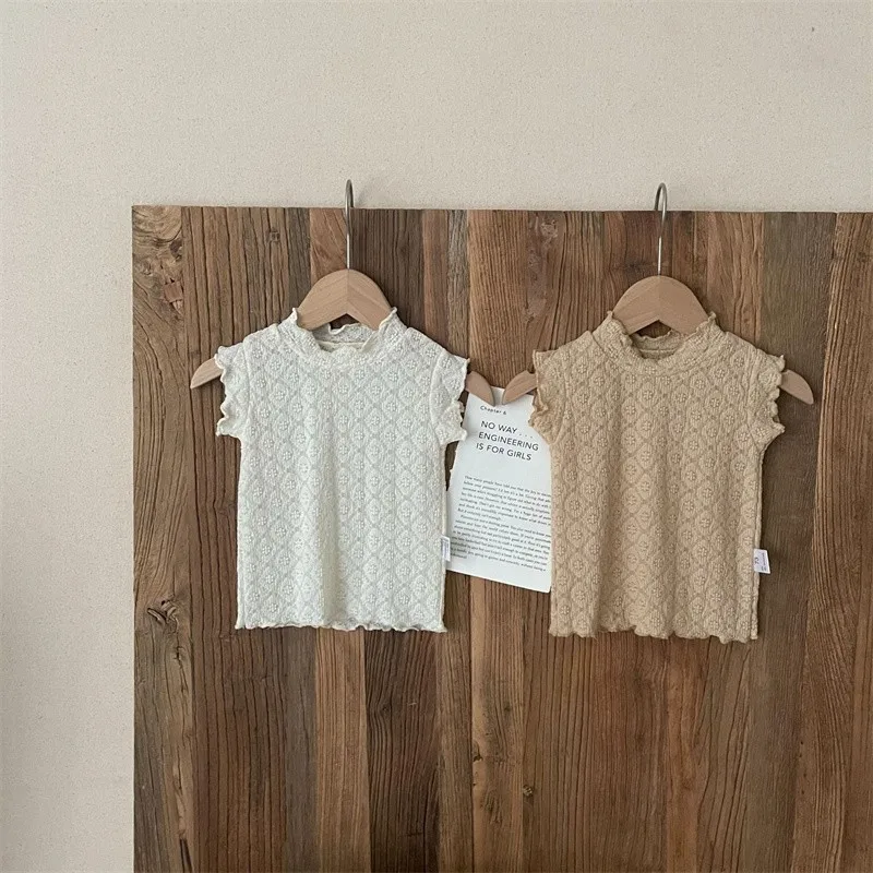 2024 Summer New Baby Lace Ear Edge Sleeveless Tank Top Girls Sweet Elastic Soft T-shirt Kids O-neck Beige Light Coffee Clothes